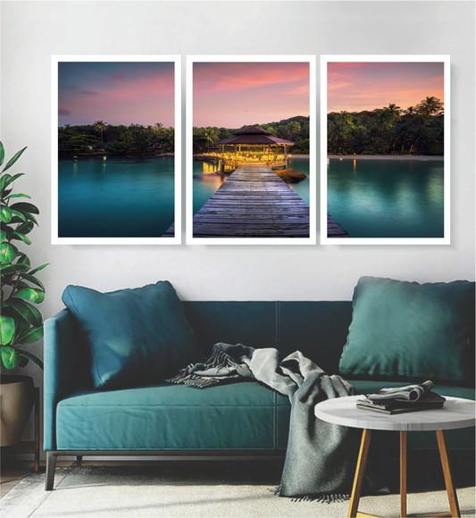 Kit 3 Quadros Paisagem Deck Decoração Conjunto Com Moldura