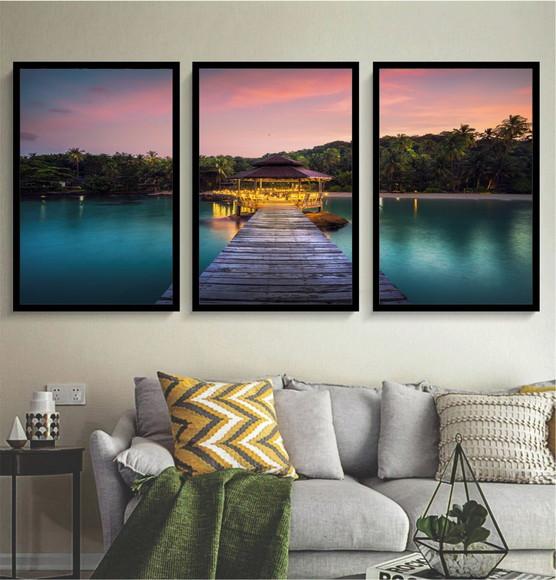 Kit 3 Quadros Paisagem Deck Decoração Mosaico Com Moldura
