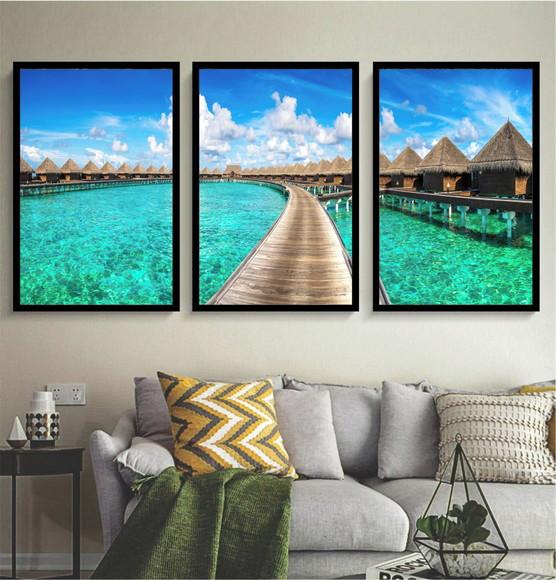 Kit 3 Quadros Paisagem Deck Praia Resort Decoração Molduras