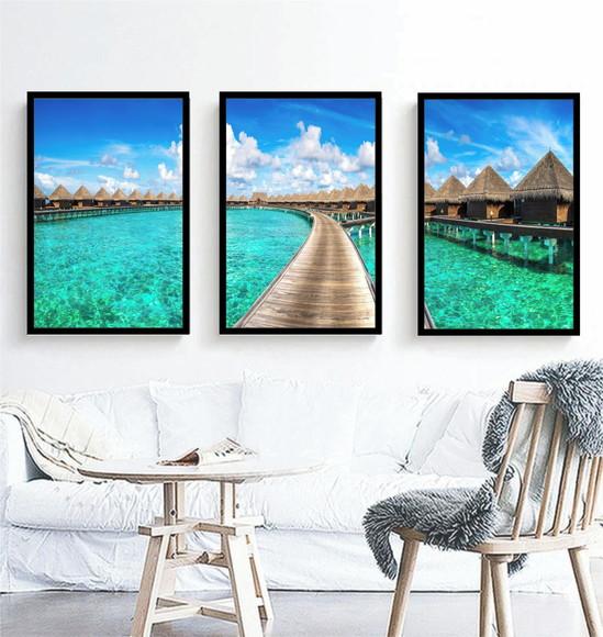 Kit 3 Quadros Paisagem Deck Praia Resort Decoração Molduras