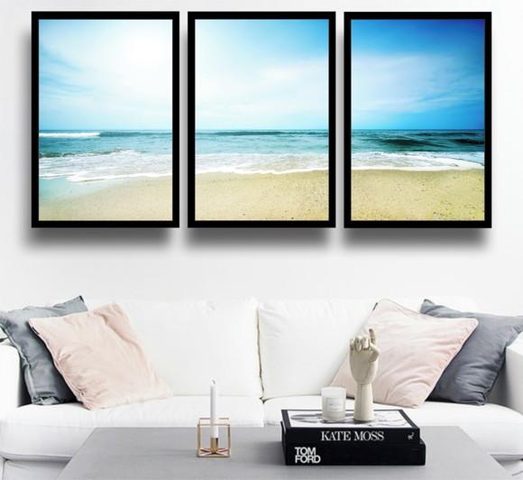 Kit 3 Quadros Paisagem Decoração Mar Praia Conjunto Molduras