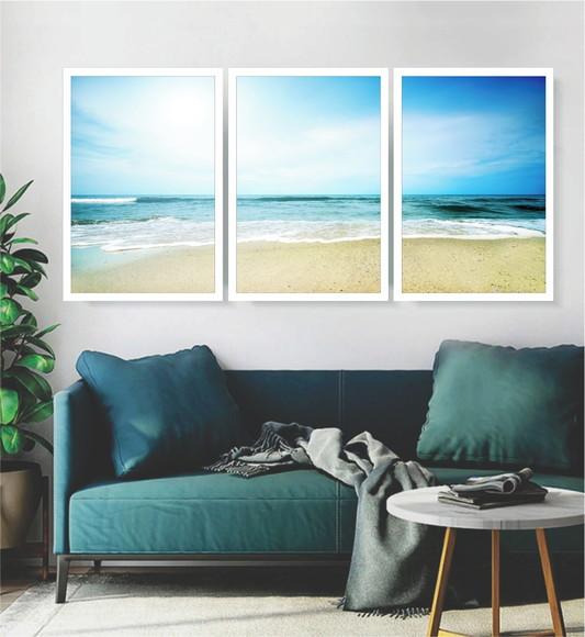 Kit 3 Quadros Paisagem Decoração Mar Praias Conjunto Moldura