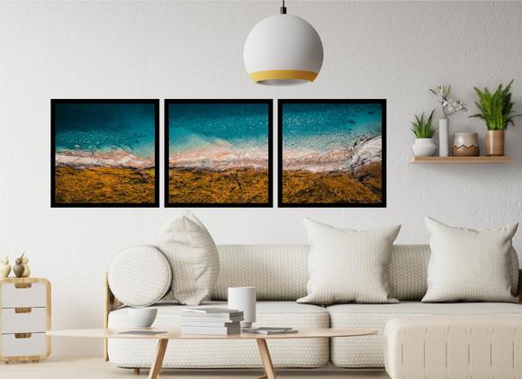 Kit 3 Quadros Paisagem Decoração Praia e Mar Grande Molduras