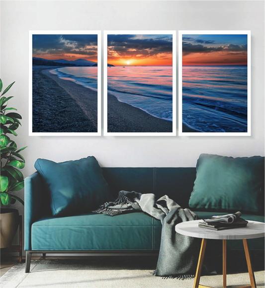 Kit 3 Quadros Paisagem Decoração Pôr Do Sol Praia Moldura