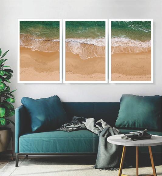 Kit 3 Quadros Paisagem Decoração Praia Mar Conjunto Moldura