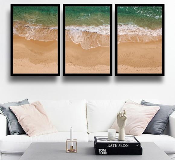 Kit 3 Quadros Paisagem Decoração Praia Mar Conjunto Moldura