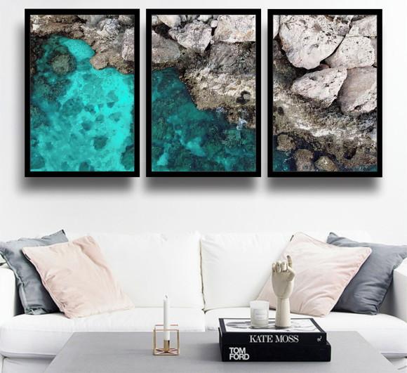 Kit 3 Quadros Paisagem Decoração Praia Mar Conjunto Molduras