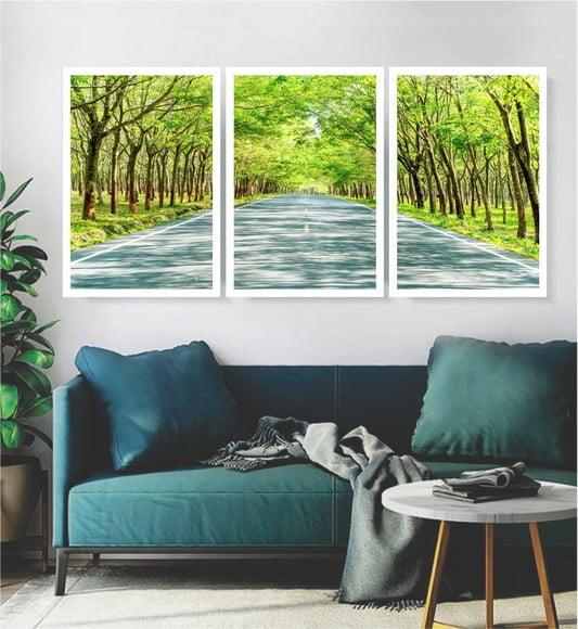 Kit 3 Quadros Paisagem Floresta Verde Decoração Com Moldura