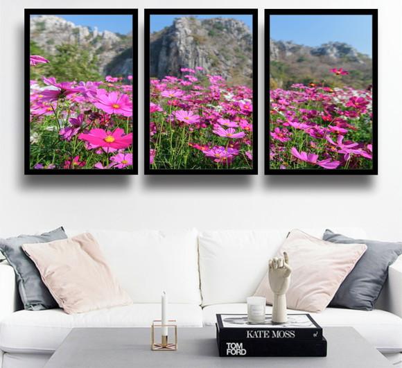 Kit 3 Quadros Paisagem Flor Rosa Decoração Conjunto Molduras