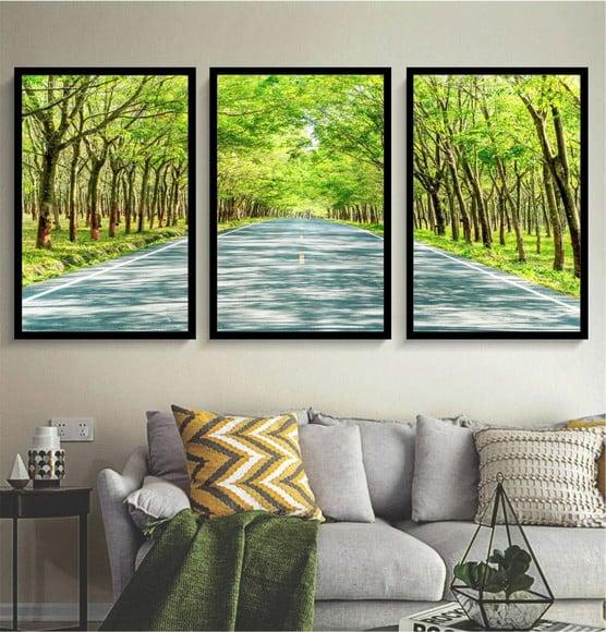 Kit 3 Quadros Paisagem Floresta Verde Decoração Com Moldura