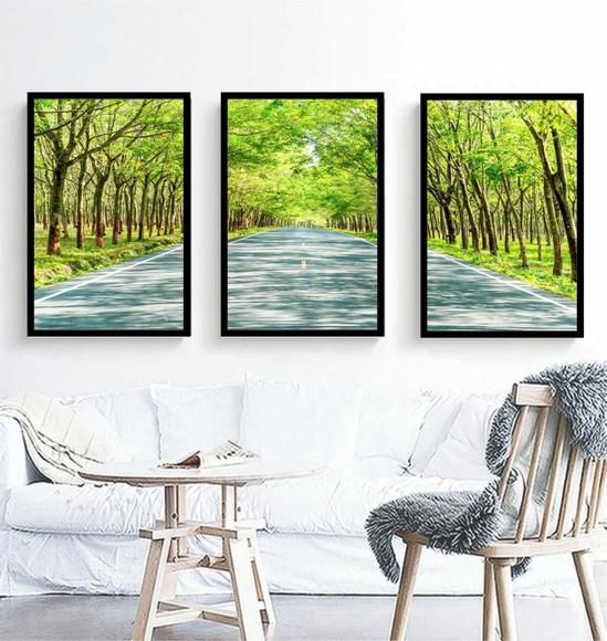 Kit 3 Quadros Paisagem Floresta Verde Decoração Com Moldura