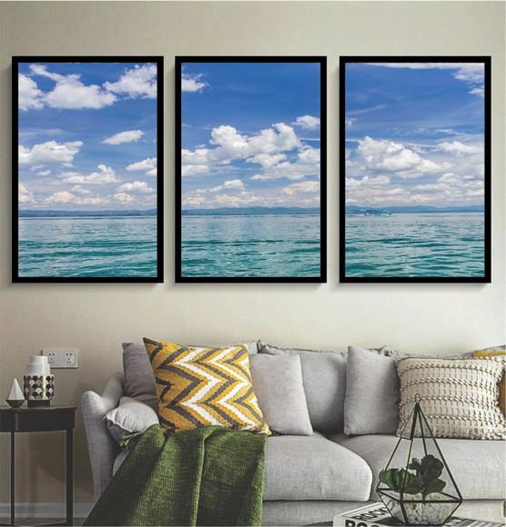 Kit 3 Quadros Paisagem Mar Azul Decoração Conjunto Moldura