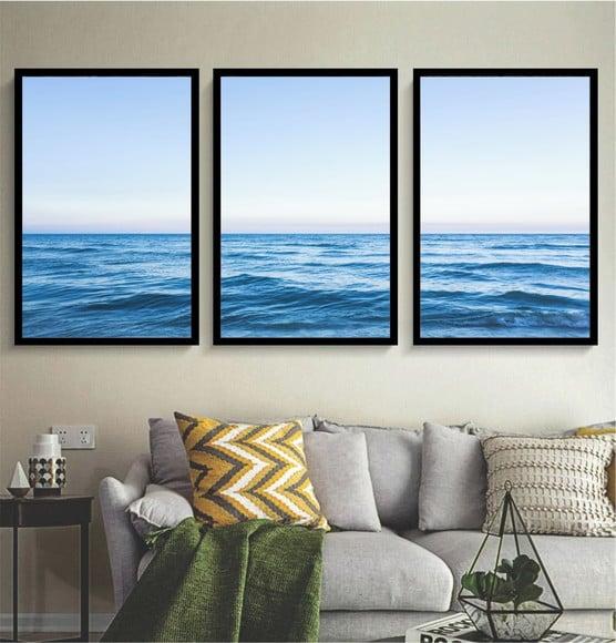 Kit 3 Quadros Paisagem Mar Azul Decoração Oceano Com Moldura