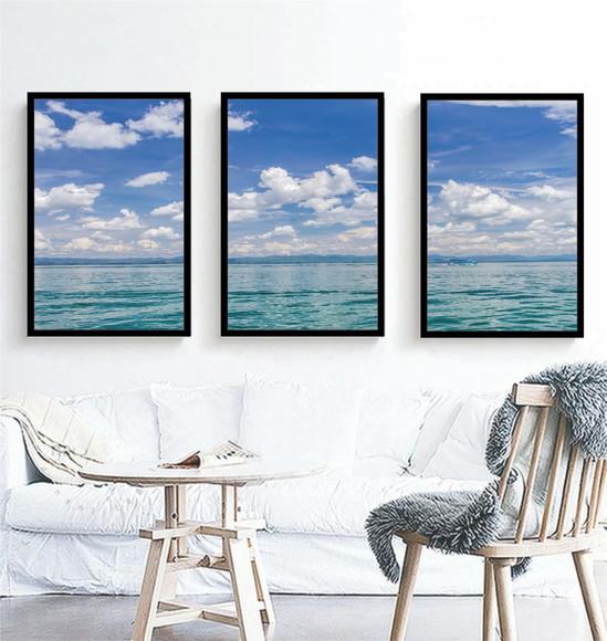 Kit 3 Quadros Paisagem Mar Azul Decoração Conjunto Moldura