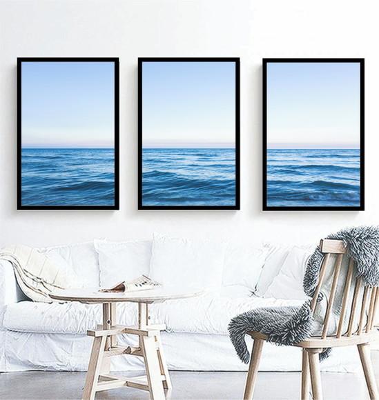 Kit 3 Quadros Paisagem Mar Azul Decoração Oceano Com Moldura