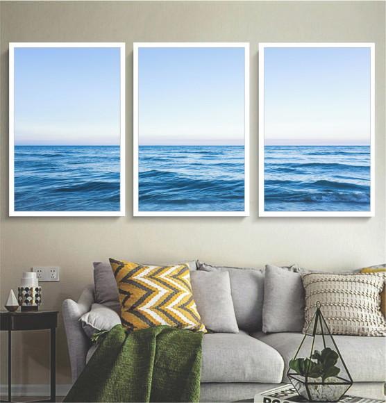 Kit 3 Quadros Paisagem Mar Azul Oceano Decoração Com Moldura