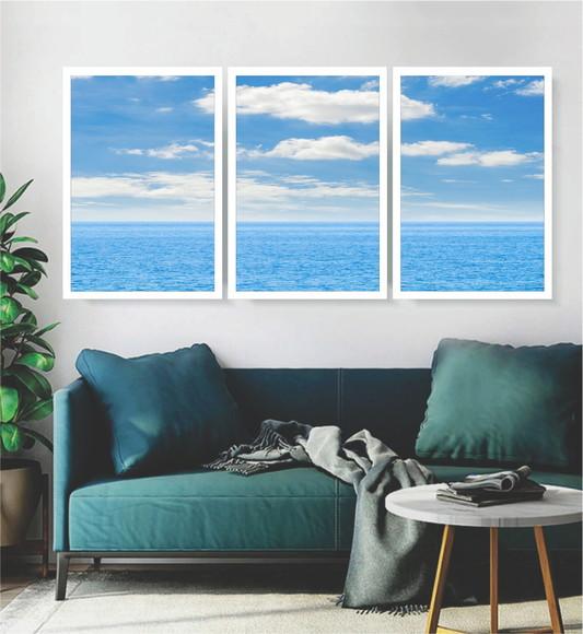 Kit 3 Quadros Paisagem Mar Decoração Praia Conjunto Moldura
