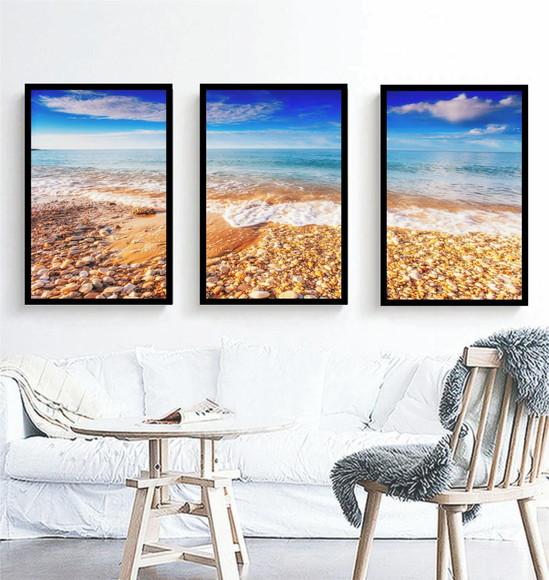 Kit 3 Quadros Paisagem Mar Decoração Praia Conjunto Molduras