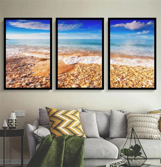 Kit 3 Quadros Paisagem Mar Decoração Praia Conjunto Molduras