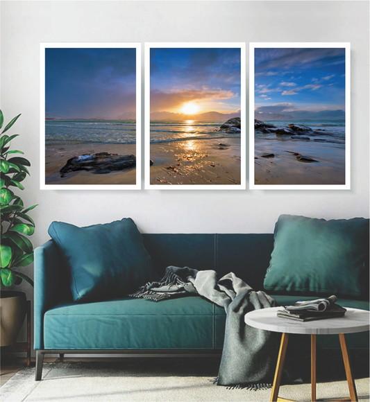 Kit 3 Quadros Paisagem Mar Decoração Sol Praia Com Molduras