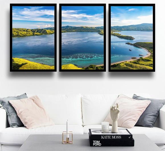 Kit 3 Quadros Paisagem Mar Natureza Decoração Vista Moldura