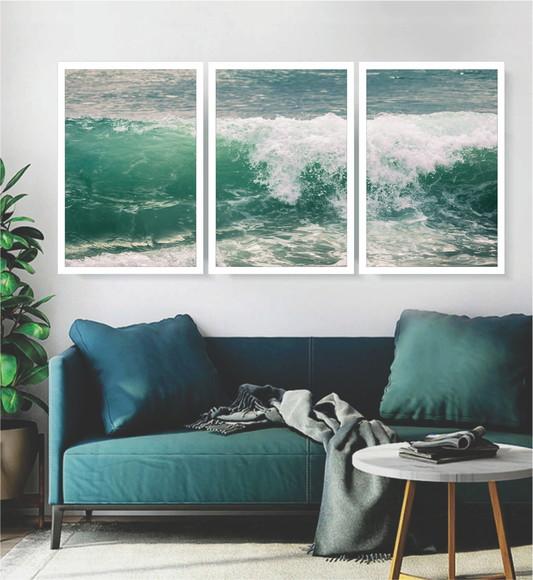 Kit 3 Quadros Paisagem Mar Onda Decoração Conjunto Moldura