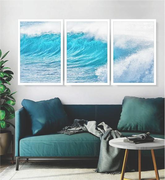 Kit 3 Quadros Paisagem Mar Onda Decoração Oceano Com Moldura