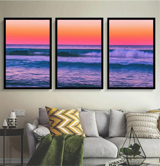 Kit 3 Quadros Paisagem Mar Pôr Do Sol Decoração Com Moldura