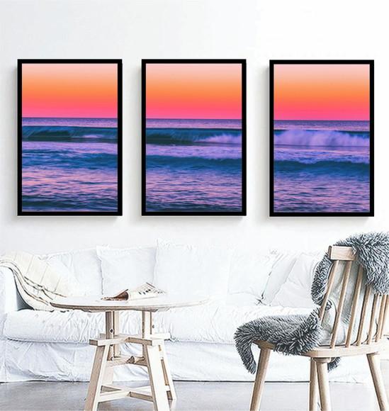 Kit 3 Quadros Paisagem Mar Pôr Do Sol Decoração Com Moldura