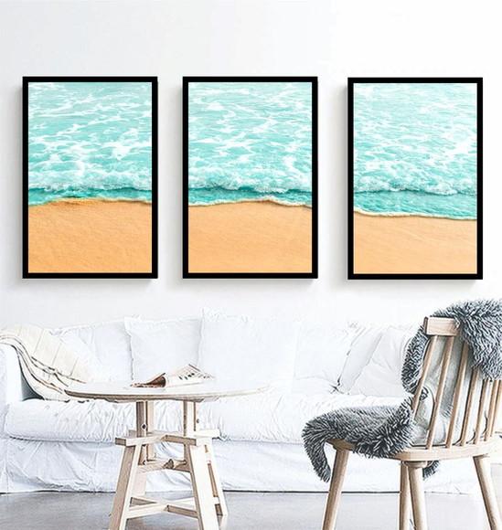 Kit 3 Quadros Paisagem Mar Praia Decoração Conjunto Moldura