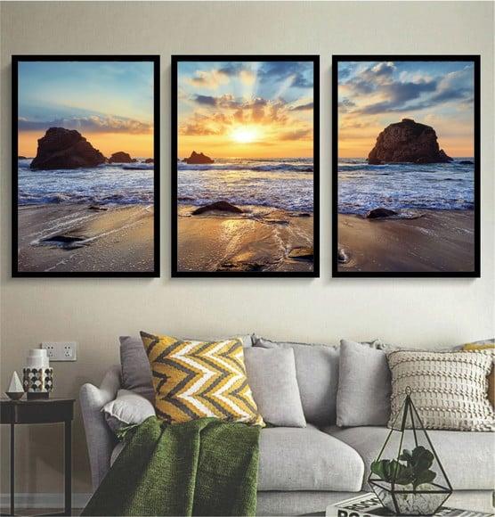 Kit 3 Quadros Paisagem Mar Sol Decoração Praia Com Molduras
