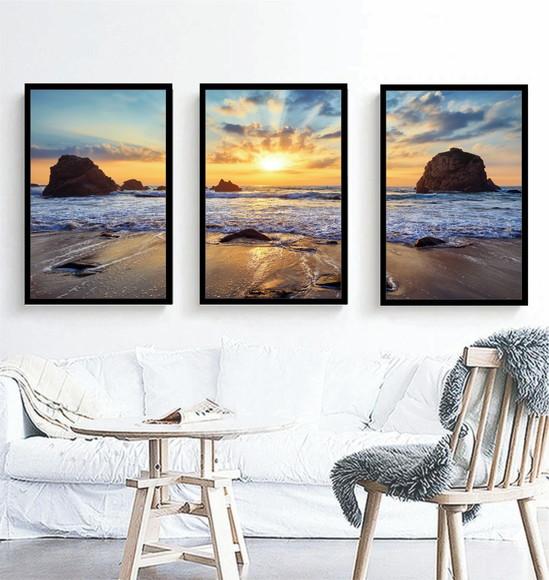 Kit 3 Quadros Paisagem Mar Sol Decoração Praia Com Molduras