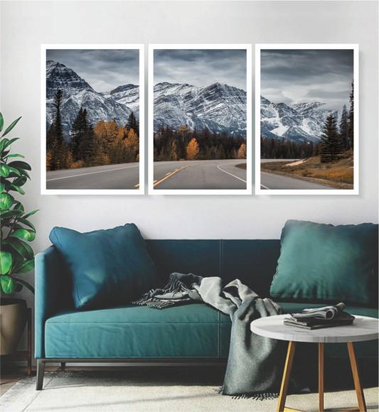 Kit 3 Quadros Paisagem Montanhas Conjunto Decoração Moldura