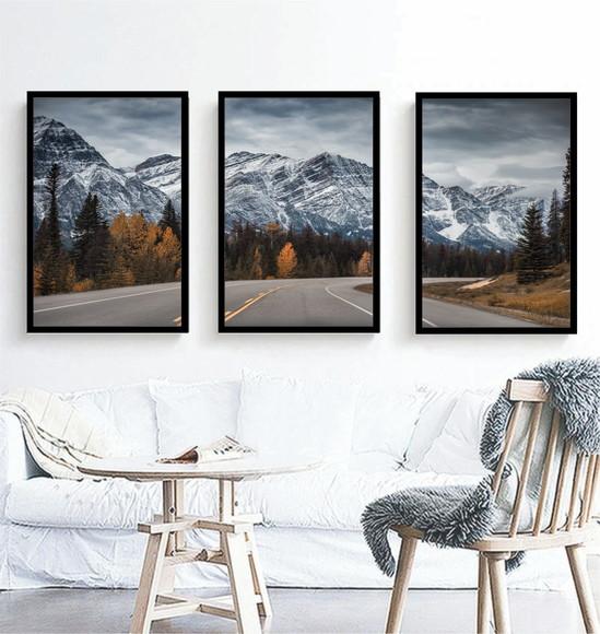 Kit 3 Quadros Paisagem Montanhas Conjunto Decoração Moldura
