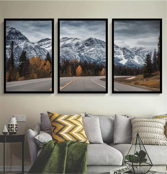 Kit 3 Quadros Paisagem Montanhas Conjunto Decoração Moldura