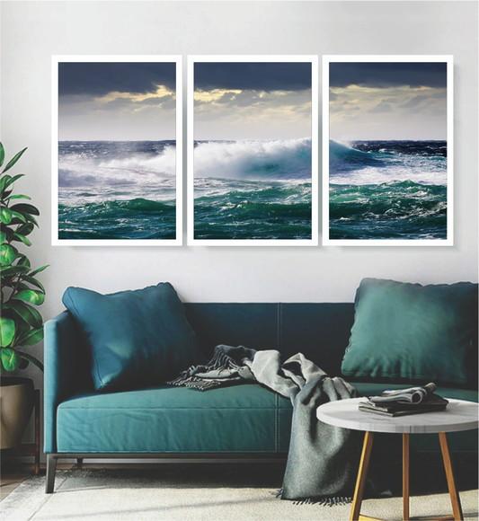 Kit 3 Quadros Paisagem Onda e Mar Decoração Conjunto Moldura