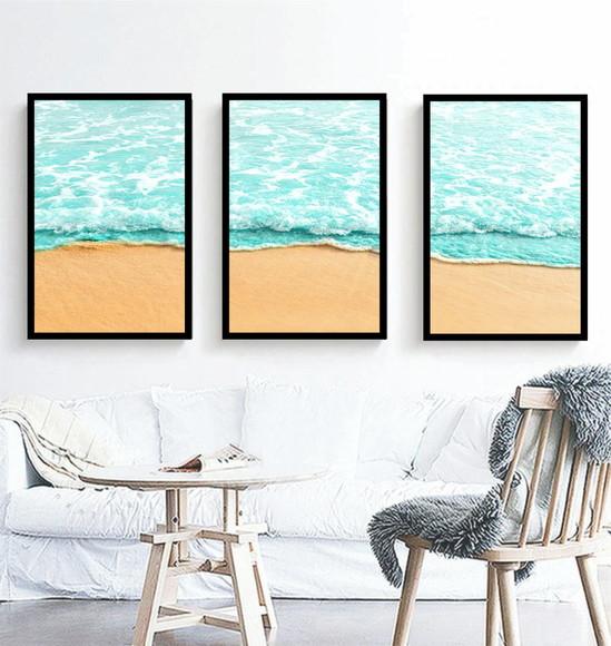 Kit 3 Quadros Paisagem Onda Decoração Praia Conjunto Moldura