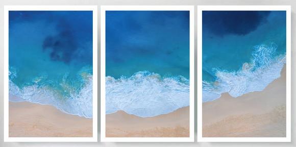Kit 3 Quadros Paisagem Onda Mar Azul Decoração Com Moldura