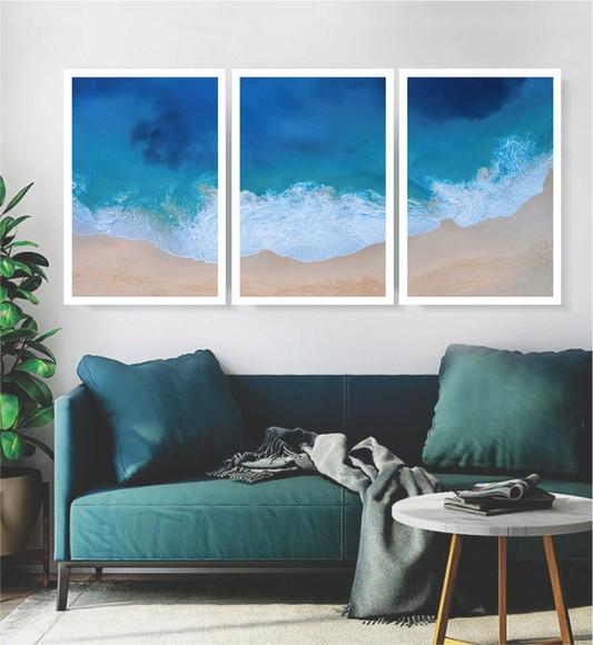 Kit 3 Quadros Paisagem Onda Mar Azul Decoração Com Moldura