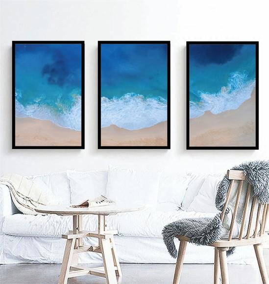 Kit 3 Quadros Paisagem Onda Mar Azul Decoração Com Molduras
