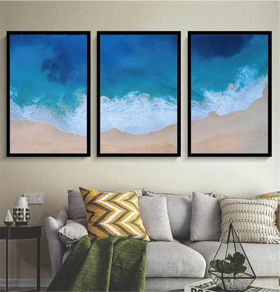 Kit 3 Quadros Paisagem Onda Mar Azul Decoração Com Molduras