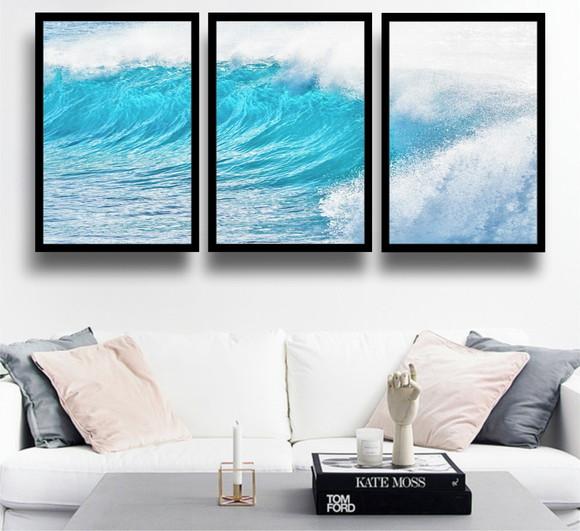 Kit 3 Quadros Paisagem Onda Mar Decoração Oceano Com Moldura