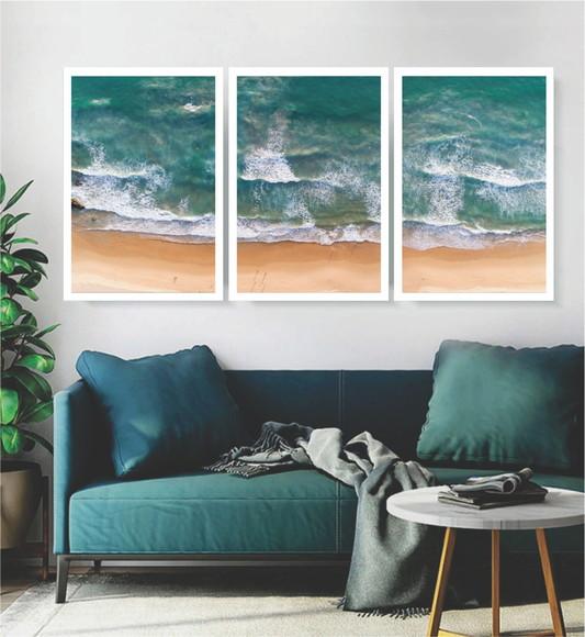 Kit 3 Quadros Paisagem Onda Mar Praia Decoração Com Moldura