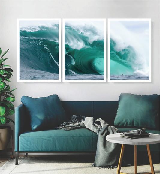 Kit 3 Quadros Paisagem Onda Praia Mar Decoração Com Moldura