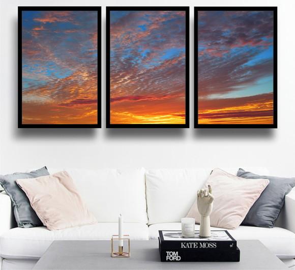Kit 3 Quadros Paisagem Pôr Do Sol Céu Decoração Com Moldura