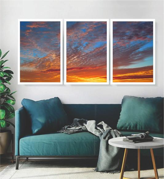 Kit 3 Quadros Paisagem Pôr Do Sol Céu Decoração Com Moldura