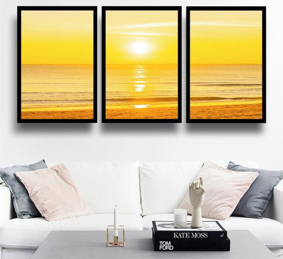 Kit 3 Quadros Paisagem Pôr Do Sol Decoração Praia Moldura