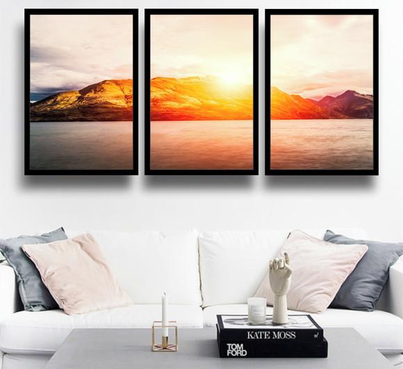 Kit 3 Quadros Paisagem Pôr Do Sol Praia Decoração Moldura