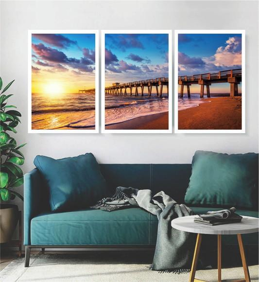 Kit 3 Quadros Paisagem Praia Deck Decoração Conjunto Moldura