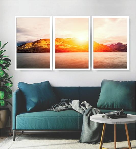 Kit 3 Quadros Paisagem Pôr Do Sol Praias Decoração Moldura